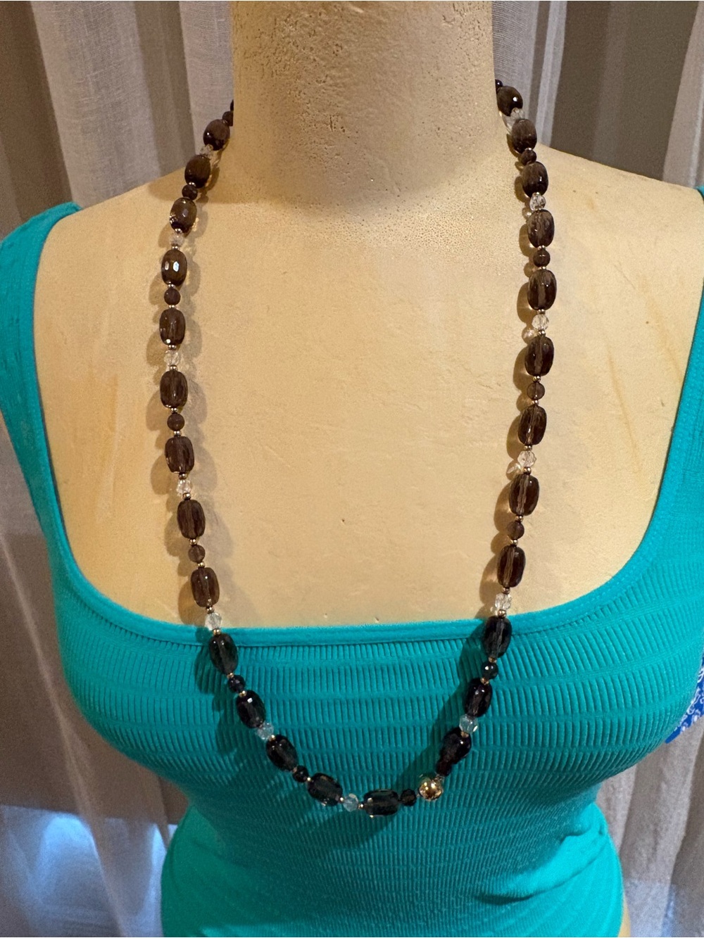 Long Smoky Brown Bead Necklace with Clear Accents